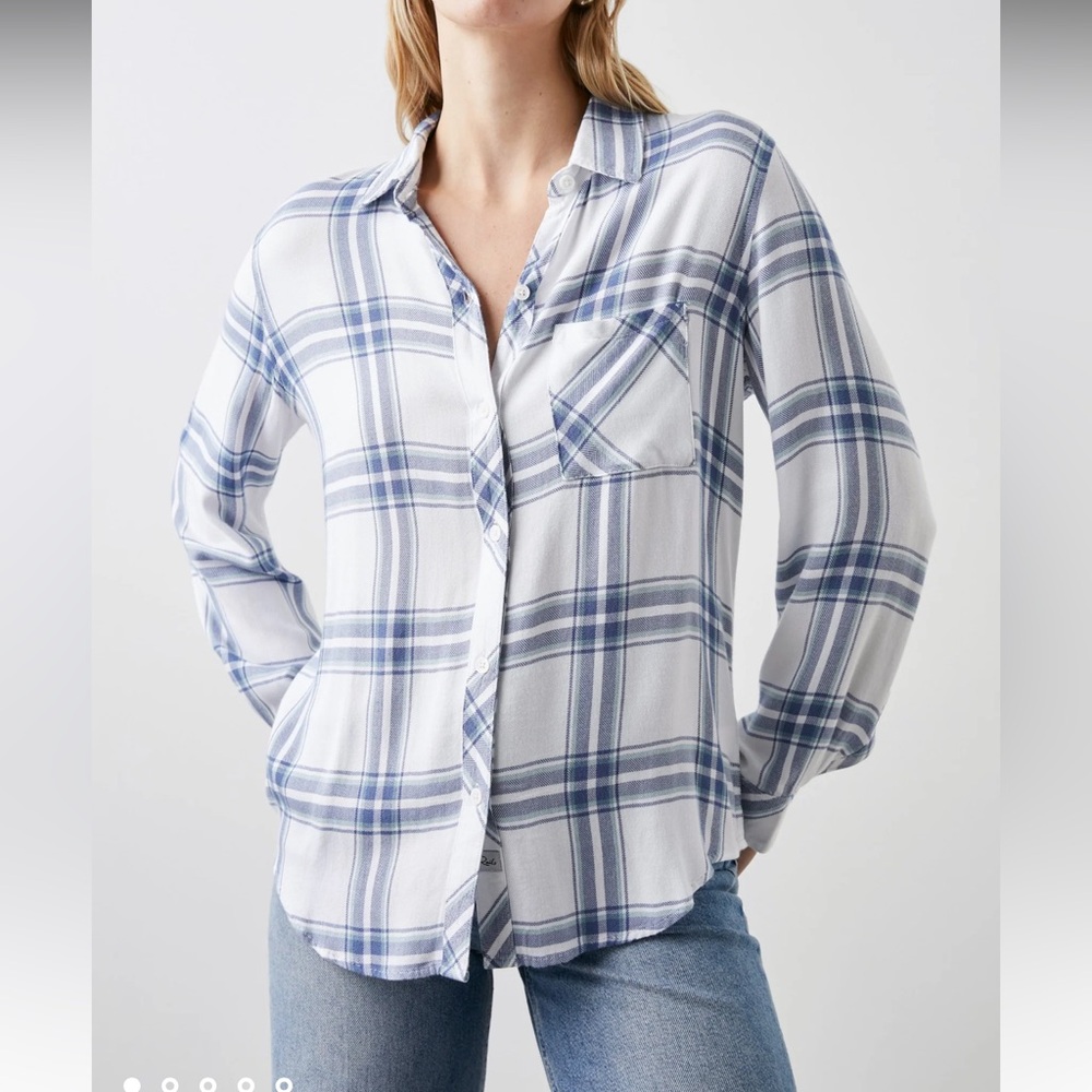 Rails Hunter Shirt in White Pacific Teal Plaid Button-Up Flannel Blue White M